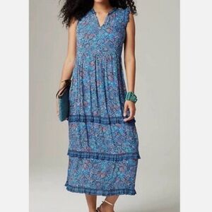 J. Jill Blue Paisley Coastal Tiered Ruffle Midi Dress